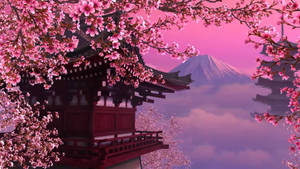 粉紅櫻花環繞著傳統日本寺廟，背景有富士山。