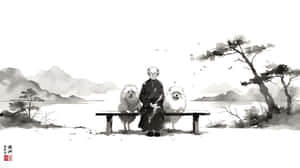 一位老人坐在長椅上，與兩隻毛茸茸的白狗在寧靜的山水墨畫中。 — 插畫 壁紙