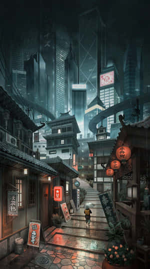 一個人在下雨的賽博龐克小巷中行走，周圍是傳統與未來主義建築。