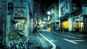 夜晚狹窄嘅城市小巷，充滿活力嘅塗鴉同發光嘅街燈。