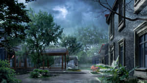 一個庭院中的雨傍晚，有石頭建築和茂密綠植。