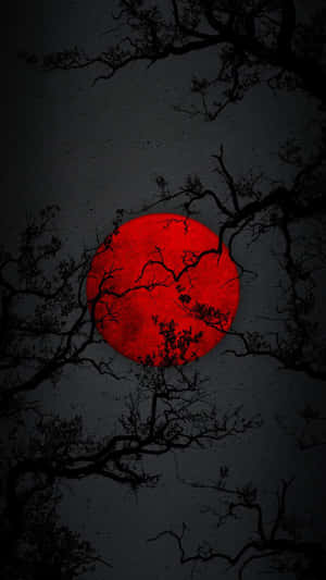 夜間被光禿樹枝框住的紅色滿月