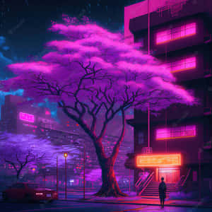 夜晚在霓虹城市中站在發光樹下的人