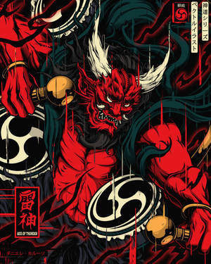 紅色日本雷神，白色角，手持金色錘子。