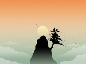 日落時山頂上樹木的剪影，鳥兒飛翔。 — 禪 壁紙