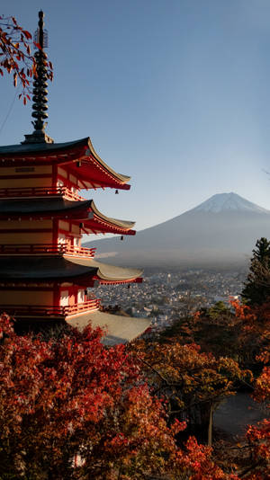 紅色寶塔、秋葉和遠方的富士山，日落時分。