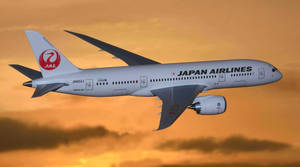 日本航空飛機在日落時分飛行，天空呈橙色並伴有雲朵