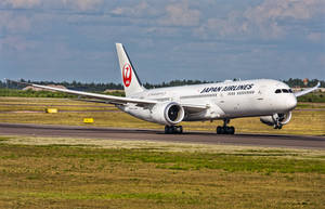 日本航空飛機在日間跑道上的景象