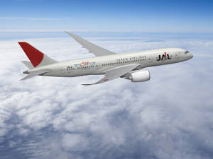 日本航空飛機在藍天白雲上飛行
