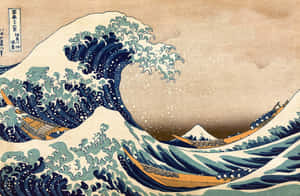 巨浪衝擊小船，背景為富士山。