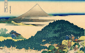 旅人靠近神社，背景是富士山和湖泊
