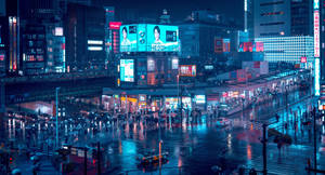 東京夜晚街道，霓虹燈光與濕路面反射城市光芒。