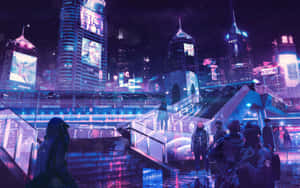 未來城市夜景，閃爍的霓虹招牌和雨濕街道上的人們。