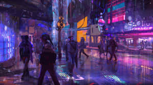 夜晚霓虹燈照亮 cyberpunk 城市街道，人們在雨中行走。