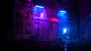 霓虹照亮夜晚的城市後巷，有雨和塗鴉