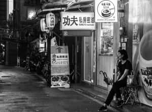 女士在雨夜小巷的韓國餐廳外吸煙。
