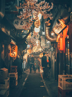 櫻花懸掛在繁華的東京小巷上方，夜晚被發光的燈籠照亮。