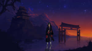 身穿黑色斗篷的動漫忍者站在黃昏的鳥居前，背景是山寺和星空。