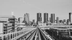 高架火車軌道匯聚，通向黑白現代城市天際線。