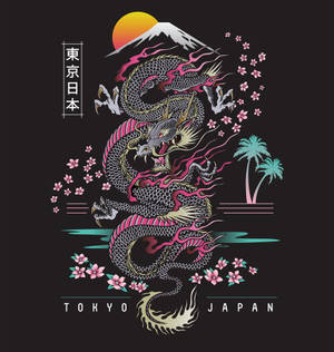 日本龍與櫻花和棕櫚樹在富士山附近，夕陽時分。 — 日本龍動畫 壁紙