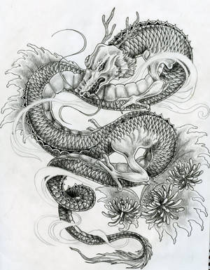 黑白墨水畫中帶有菊花和雲朵的風格化龍。 — 日本龍動畫 壁紙