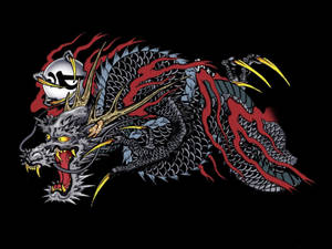 一隻風格化的黑龍，帶有紅色火焰和黃色爪子，在黑色背景上咆哮。