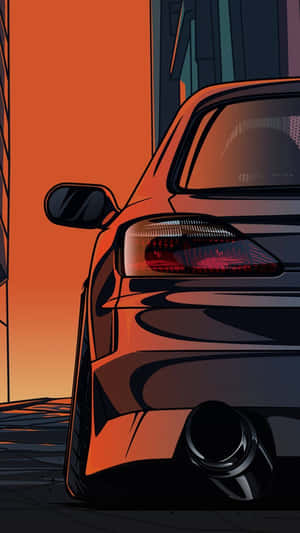 黑色跑車後視圖 橙色夕陽 城市小巷 — 插畫 壁紙
