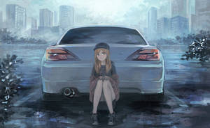 動漫女孩坐在雨中城市景觀的汽車旁，背景是朦朧的天際線。