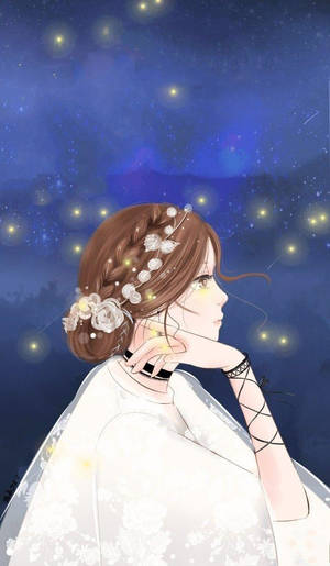 動漫女孩穿著白色花卉連衣裙，在星空下與發光球體 — 美學 壁紙