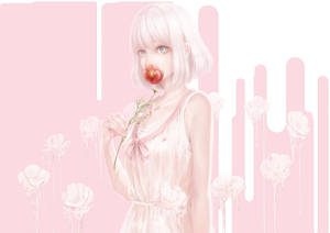 白髮動漫女孩在粉紅色融化玫瑰背景中拿著一朵紅花。 — 可愛動漫女仔 壁紙