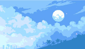 像素化夜空，月亮和雲朵，襯托棕櫚樹和城市剪影。 — 唯美雲朵動態 壁紙