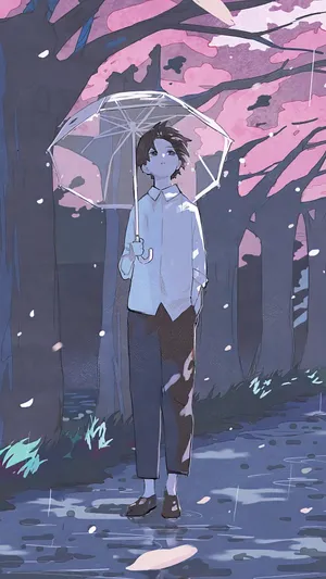 一個年輕人在黃昏時分的雨櫻花林中,站在透明雨傘下。