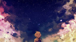 金髮動漫女孩仰望星空，雲彩繽紛。 — 可愛動漫女仔 壁紙
