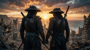 兩名身穿鎧甲的武士戰士站在瓦礫上，俯瞰日落時分被毀的沿海城市。