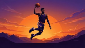 Ja Morant 跳躍於色彩繽紛日落中的極簡剪影。