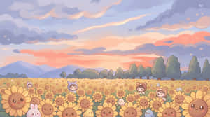 向日葵與卡通角色在夕陽下的田野中