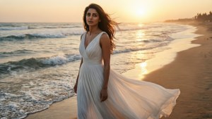 身穿白色連衣裙的女性站在金色夕陽和海浪的沙灘上