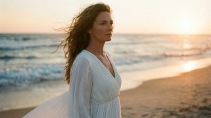 金色夕陽下，身穿白色連衣裙的女性站在海灘上，風吹動頭髮。