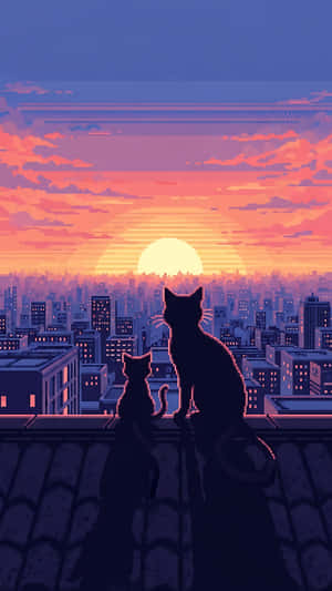 兩隻貓坐在屋頂上觀看城市上空色彩繽紛的日落 — 1440x2560 壁紙