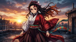 日落時在屋頂上，風吹動頭髮的紅色和服動漫女孩。