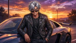 銀髮動漫男子身穿皮褸，在夕陽下靠在黑色跑車上。