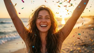 女人在金色日落時分在海灘上撒紙屑慶祝。