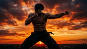 一個肌肉發達的武術家以戰鬥姿勢對著鮮豔的日落天空。