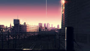 日落時分的動畫城市天際線，前景有鐵路軌道。 — 城市景觀 壁紙