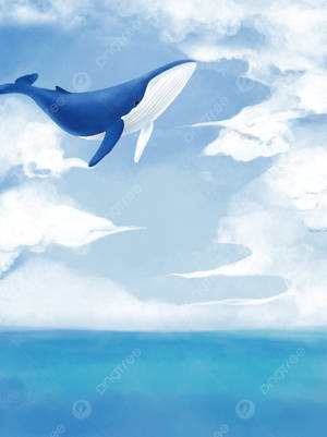 一條鯨魚在雲端飛翔，下方是海洋，水彩風格。