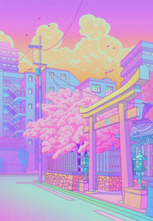 動漫風格街道，櫻花樹和鳥居，日落時分。 — 淡彩風格 壁紙