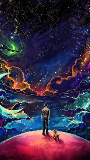 男人和狗在山上，在色彩繽紛的星空下，有星雲。