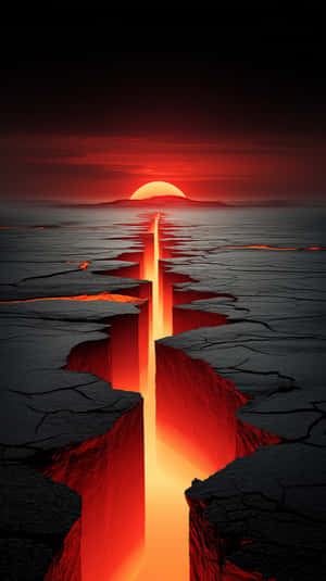 一條發光的熔岩河流，在紅色夕陽下流過黑暗龜裂大地中的深裂縫。 — 奇幻 壁紙