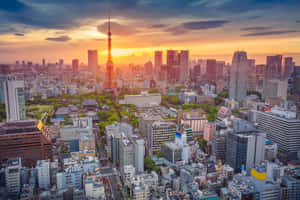 日落時分的東京城市景觀，東京塔被金色光芒照亮。 — MacBook Air M4 壁紙