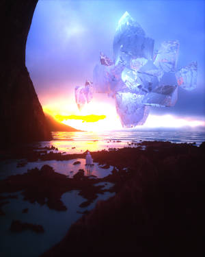 一個白衣人站在岩石海灘上，看著日落時漂浮的巨大水晶。